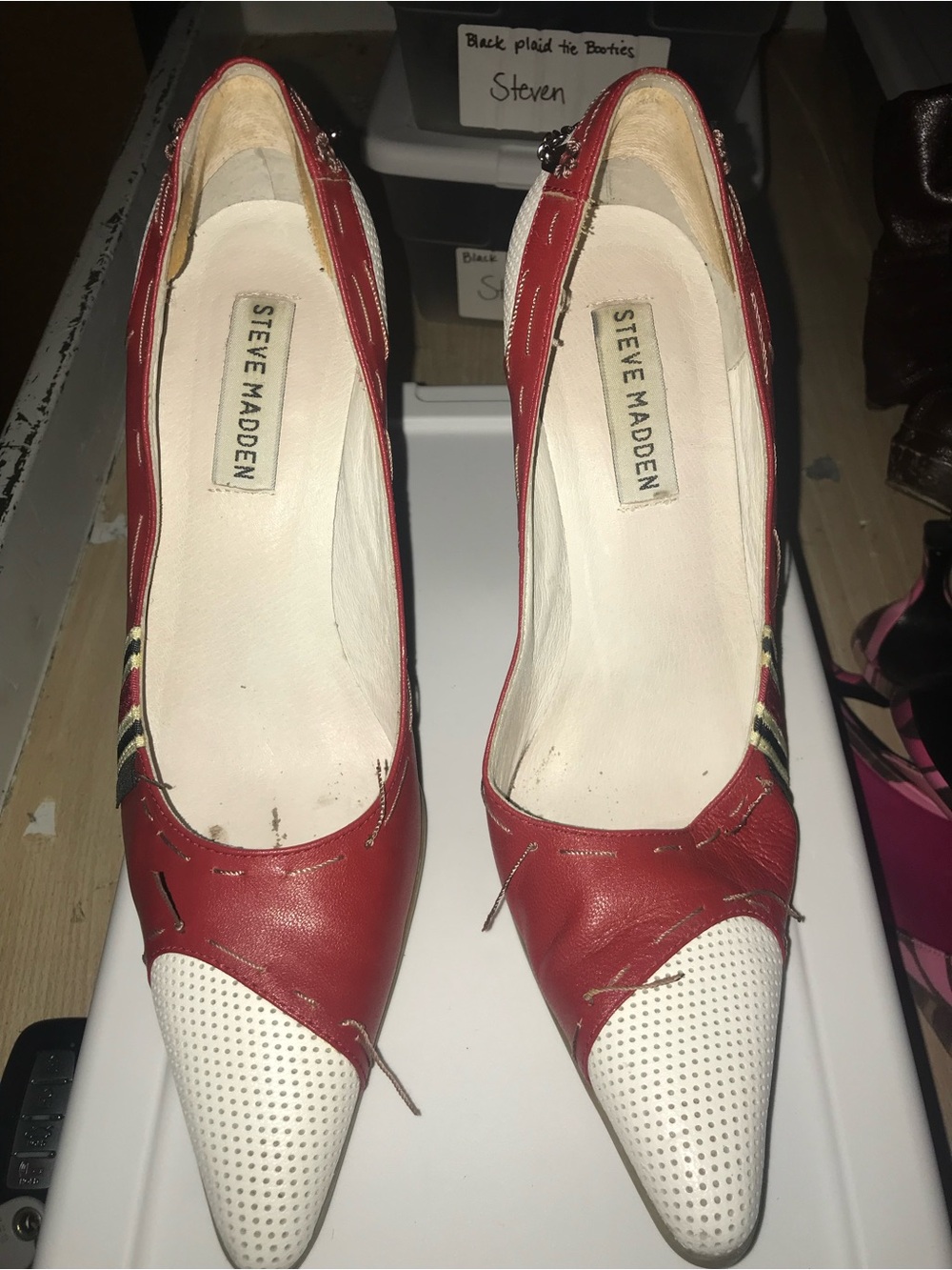 Vintage Steve Madden Red and White Pointed Toe Heels with Stitch Detail